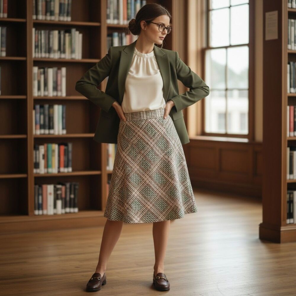 McNaughton Petites Pink Olive Houndstooth Plaid Tweed A-Line Skirt 14P Lined